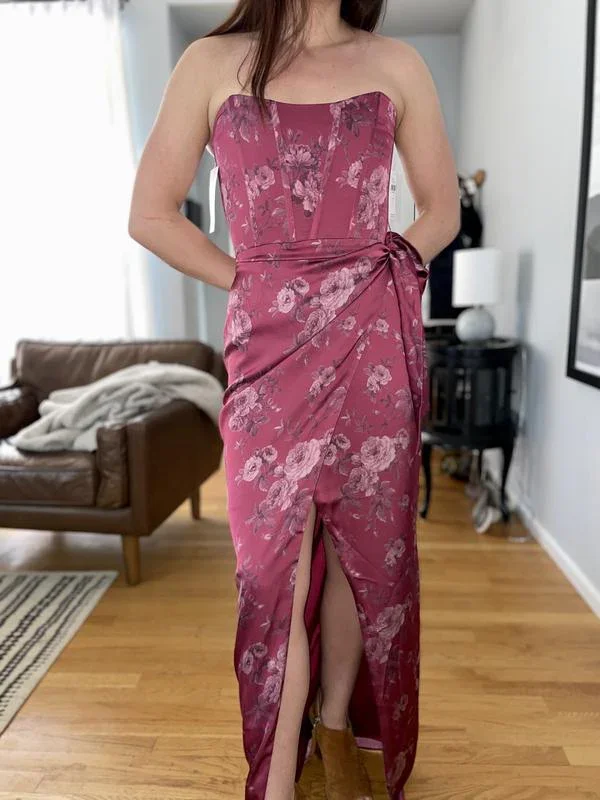 Fuchsia Printed Corset Front-Slit Satin Prom Dress Formal Evening Dress Y8458 - Image 3
