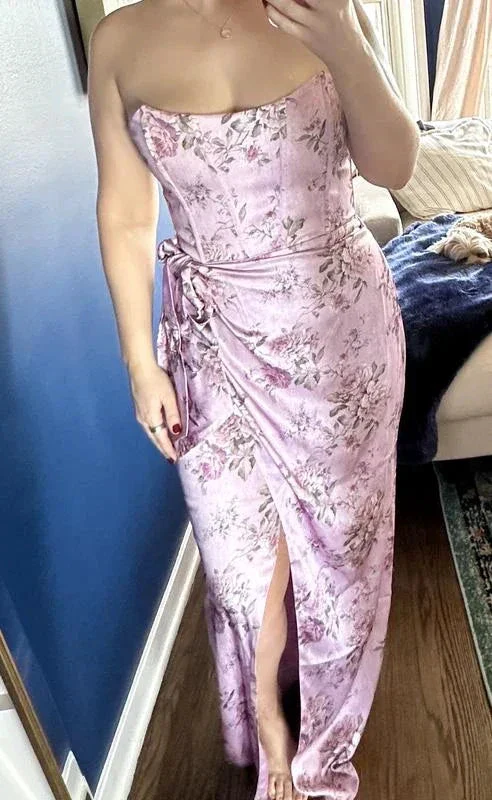 Fuchsia Printed Corset Front-Slit Satin Prom Dress Formal Evening Dress Y8458 - Image 4