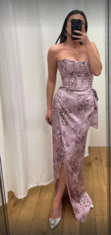Fuchsia Printed Corset Front-Slit Satin Prom Dress Formal Evening Dress Y8458 - Image 5