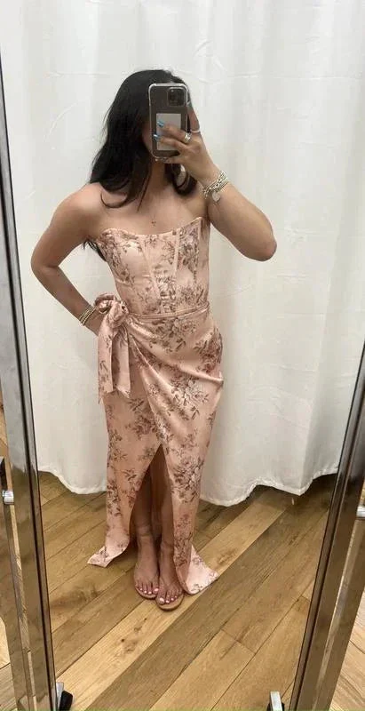 Fuchsia Printed Corset Front-Slit Satin Prom Dress Formal Evening Dress Y8458 - Image 6