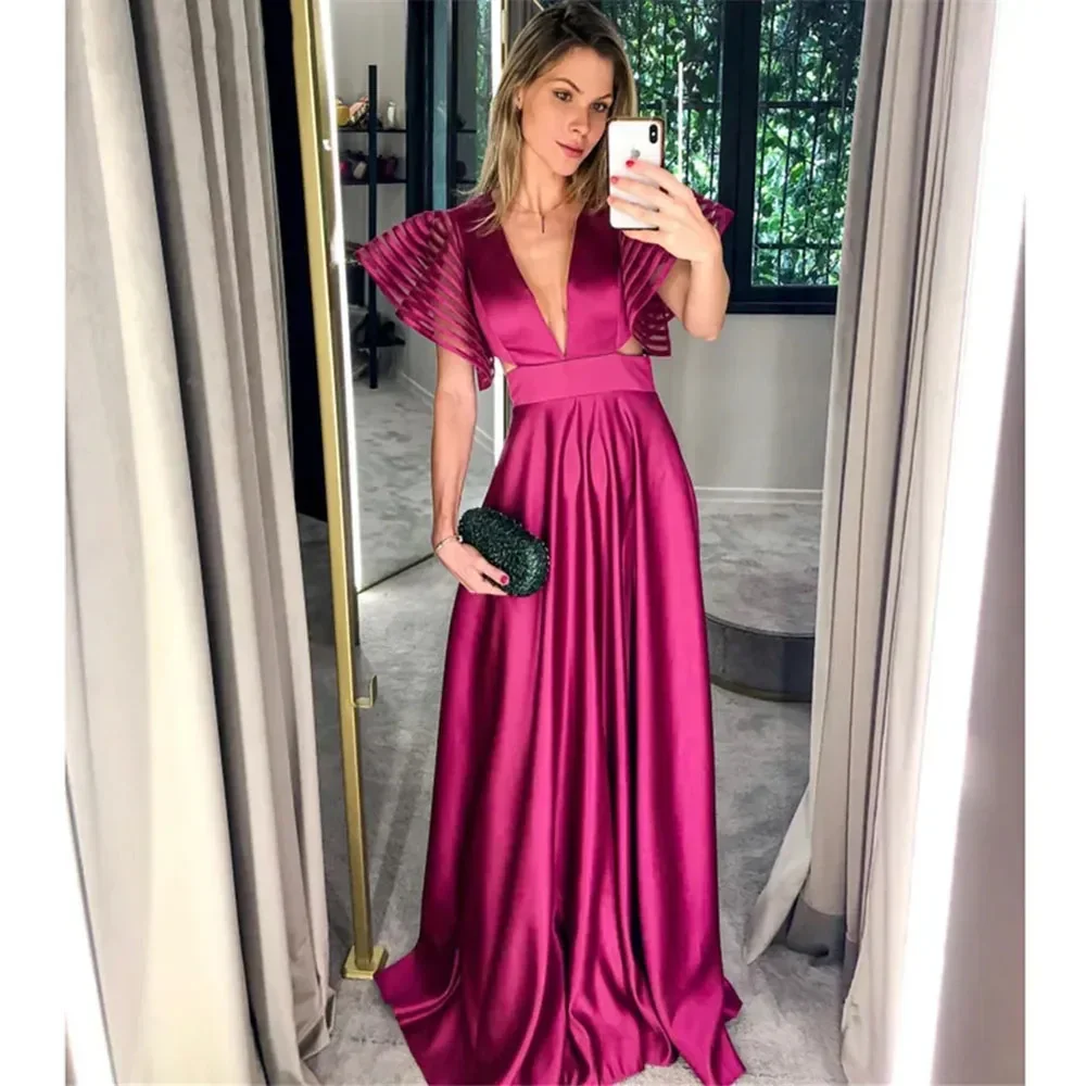 Fuchsia Sexy V Neck Elegant Evening Dresses For Women Y5036 - Image 2