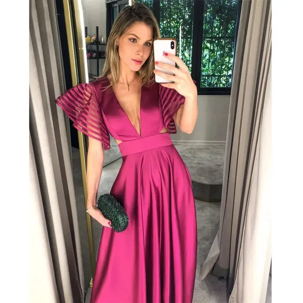 Fuchsia Sexy V Neck Elegant Evening Dresses For Women Y5036 - Image 3