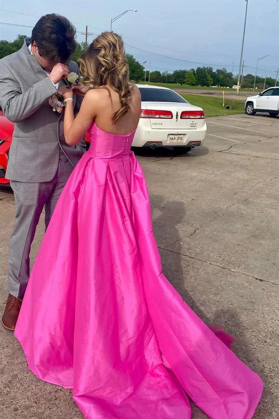 Fuchsia Strapless Satin Sweeping Long Prom Evening Dress With Pockets PSK432 - Image 2