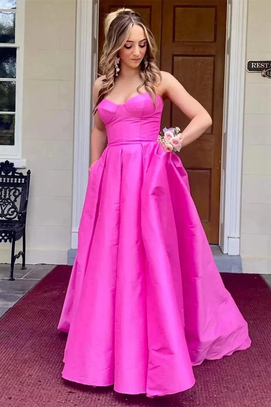 Fuchsia Strapless Satin Sweeping Long Prom Evening Dress With Pockets PSK432 - Image 3
