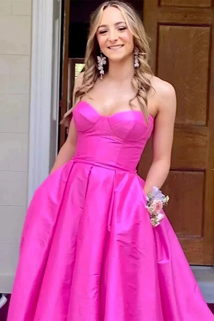 Fuchsia Strapless Satin Sweeping Long Prom Evening Dress With Pockets PSK432 - Image 4