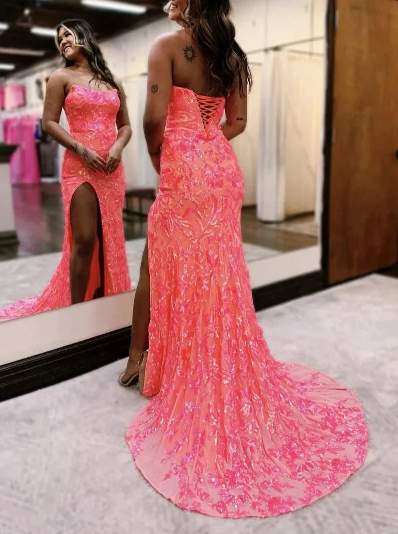Fuchsia Strapless Sequins Lace Mermaid Prom Dresses with Slit - Image 4