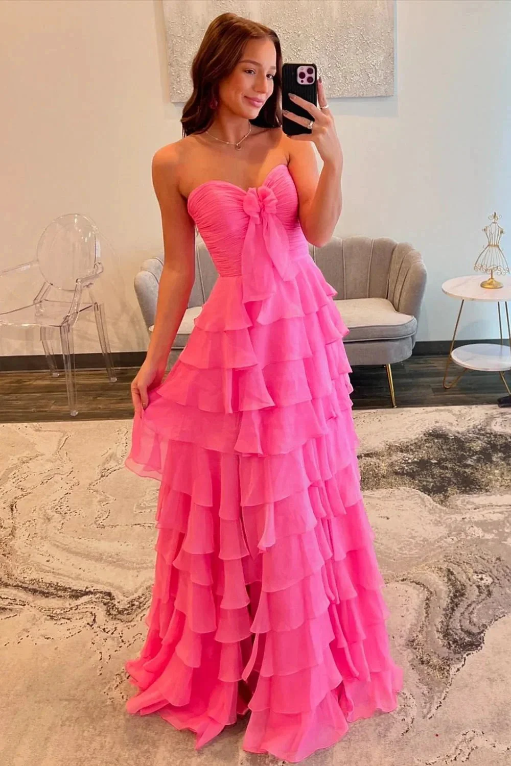 Sweetheart A-Line Chiffon Tiered Long Prom Dress with Slit - Image 3