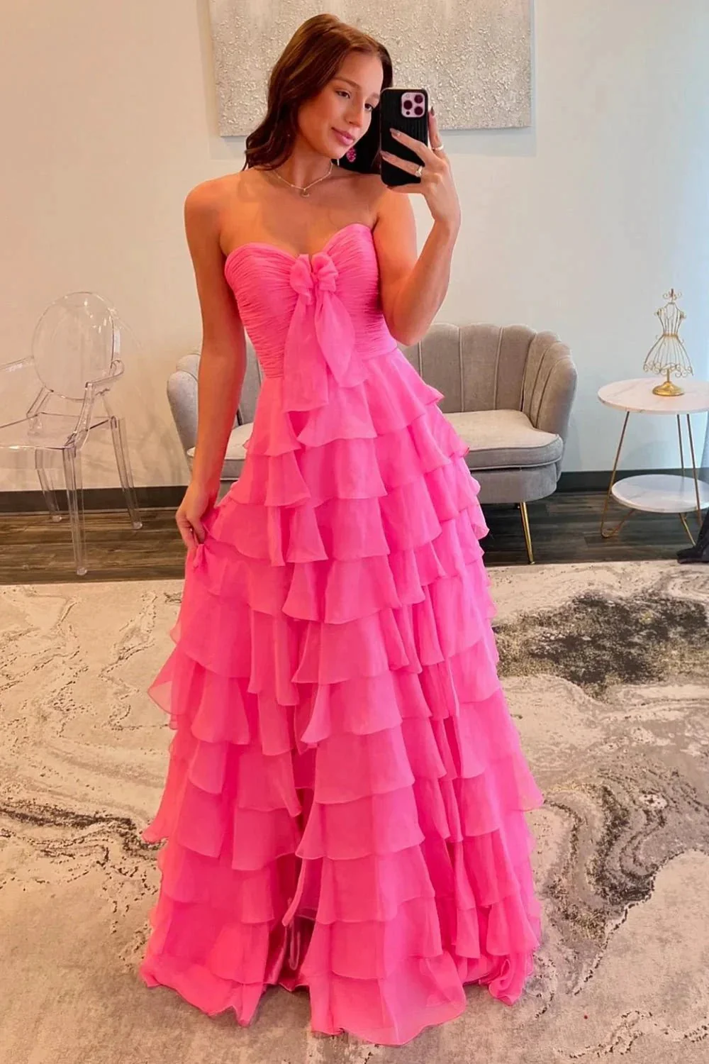 Sweetheart A-Line Chiffon Tiered Long Prom Dress with Slit - Image 5