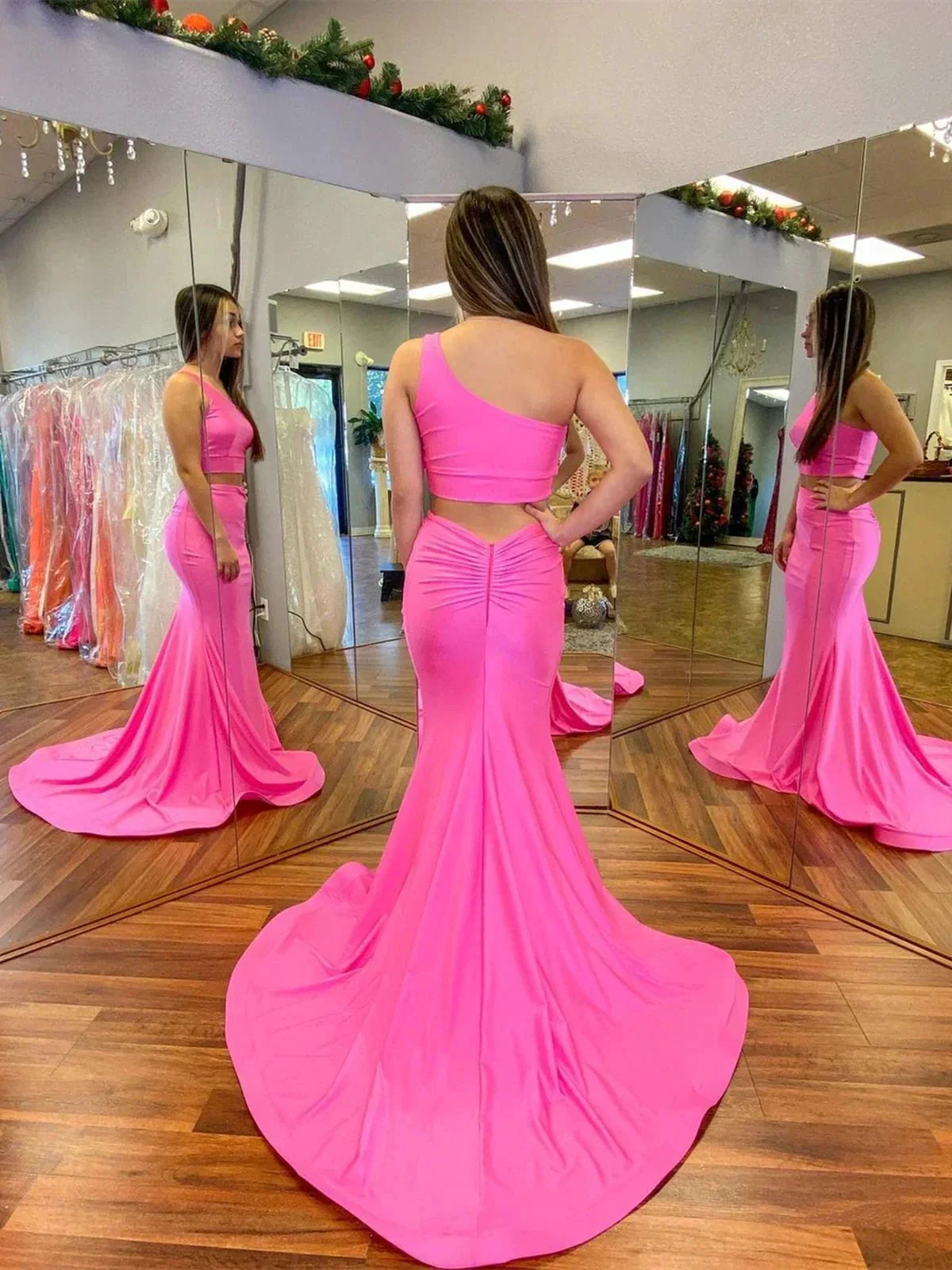 Fuchsia Two Pieces Mermaid One Shoulder Prom Dress Long Formal Graduation Evening Dresses - Image 2