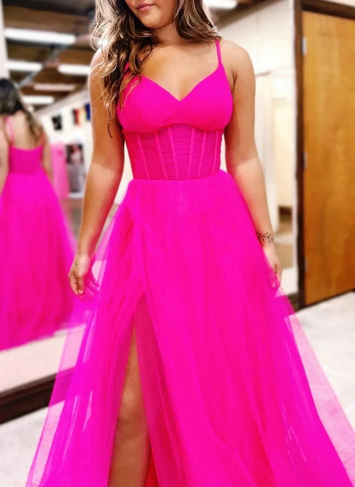 Galilea | Fuchsia V-Neck Sheer Bodice A-Line Long Prom Dress with Slit - Image 2