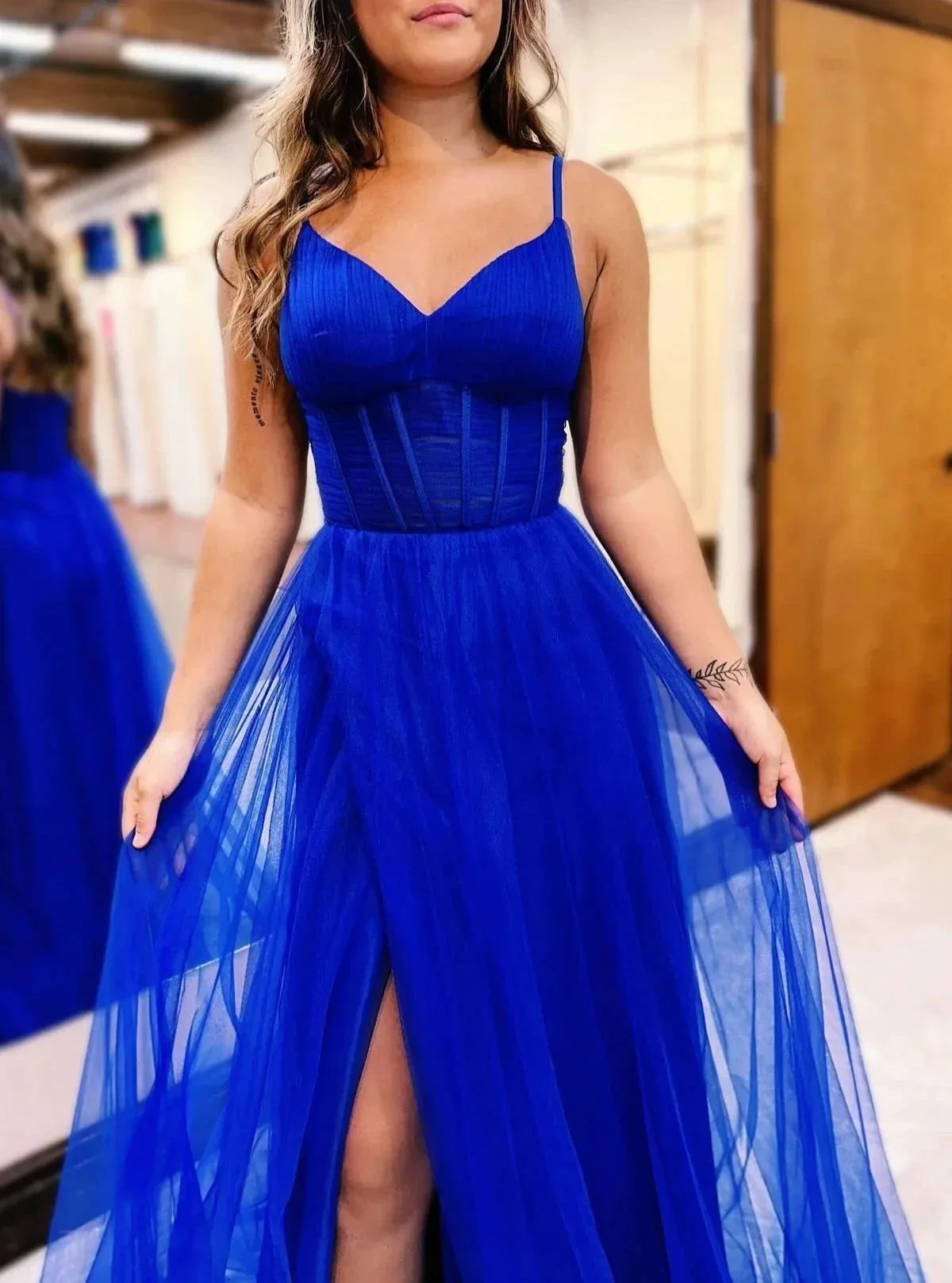Galilea | Fuchsia V-Neck Sheer Bodice A-Line Long Prom Dress with Slit - Image 4