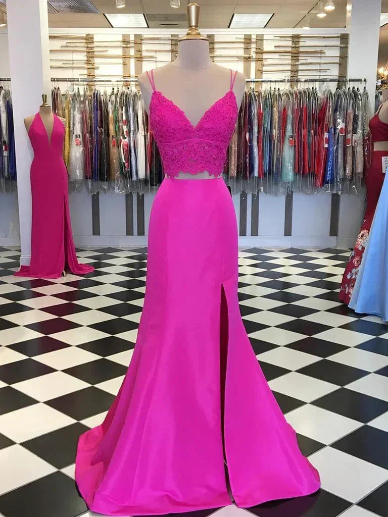 Fuchsia V Neck Two Pieces Mermaid Lace Top Satin Long Prom Dress with Slit Mermaid Lace Fuchsia Formal Graduation Evening Dresses Y1026 - Image 2