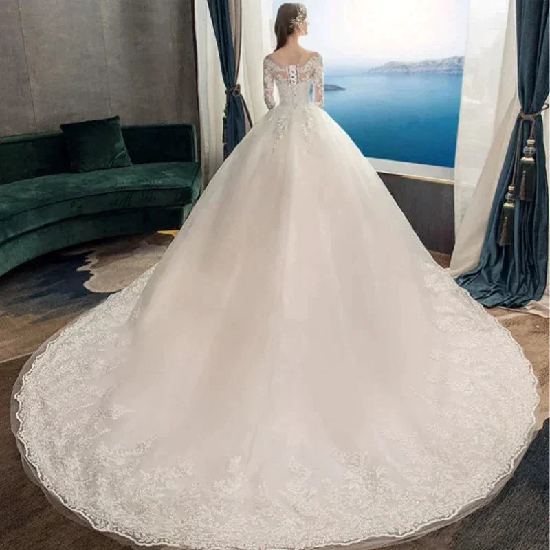 Full Sleeve Lace Long Train Wedding Dresses Illusion Long Appliques Lace Embroidery Vestido De Noiva Vestidos De Novia - Image 2