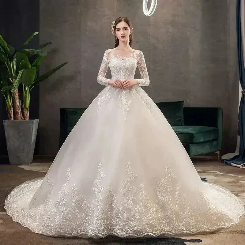 Full Sleeve Lace Long Train Wedding Dresses Illusion Long Appliques Lace Embroidery Vestido De Noiva Vestidos De Novia - Image 3
