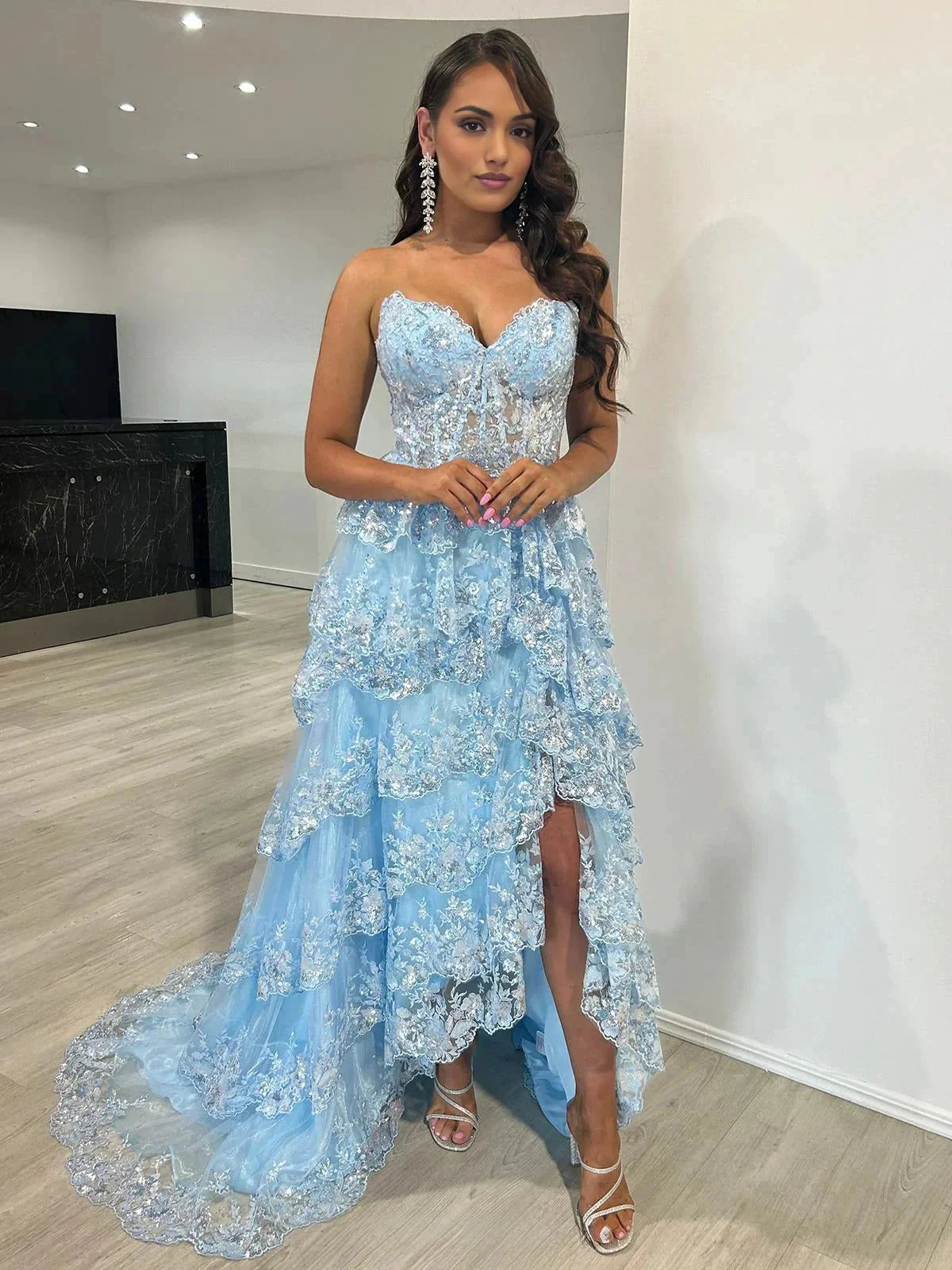 Garnet|Light Blue Strapless Ruffle Tiered Long Prom Dress with Slit - Image 3