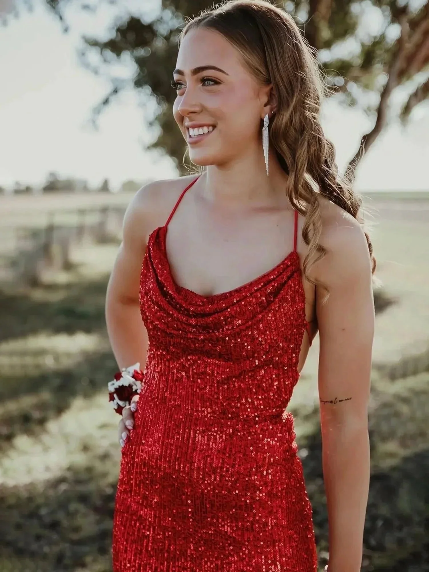 Gemini | Red Halter Mermaid Sequins Prom Dress With Split - Image 2