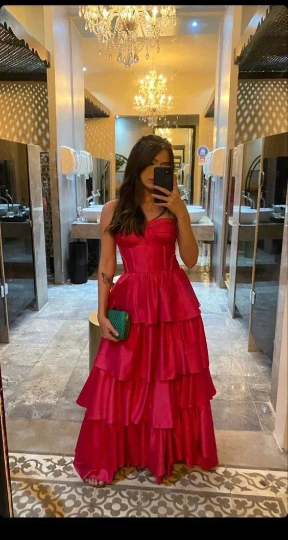 Generous A-line Tiered Satin Evening Dress Graduation Dress Y1048 - Image 2
