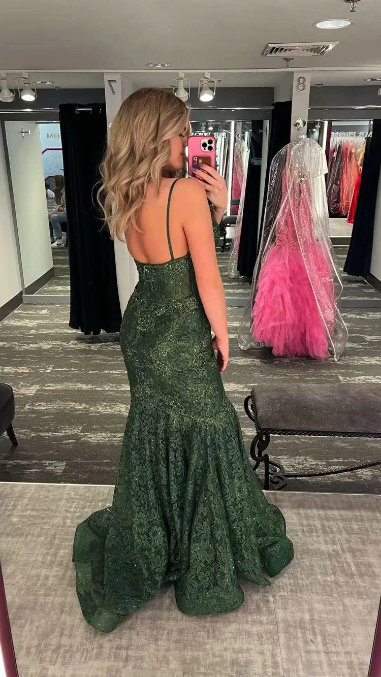 Generous Green Spaghetti Straps Lace Mermaid Evening Dress Y1030 - Image 2