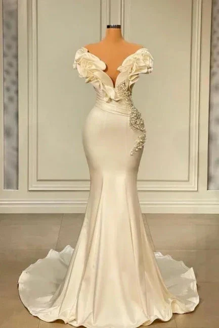 Generous White Long Pearl Ruffle Wedding Dresses Y1747 - Image 2
