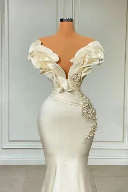 Generous White Long Pearl Ruffle Wedding Dresses Y1747 - Image 3