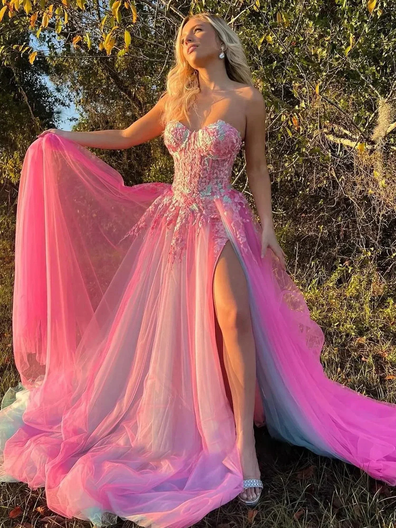 Georgia | A-line Sweetheart Applique Lace Long Prom Dress with Slit - Image 2