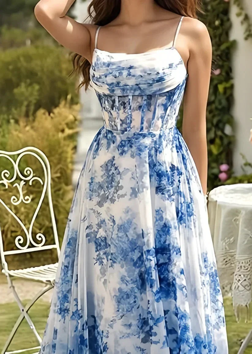 Glam Blue Chiffon Print Floral Slit Prom Dress Spaghetti Straps Evening Gown Y8277 - Image 2