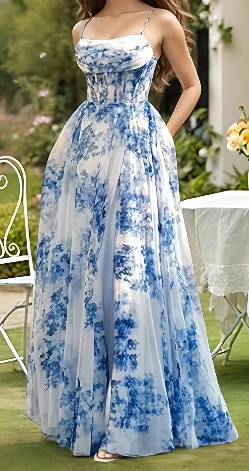 Glam Blue Chiffon Print Floral Slit Prom Dress Spaghetti Straps Evening Gown Y8277 - Image 3
