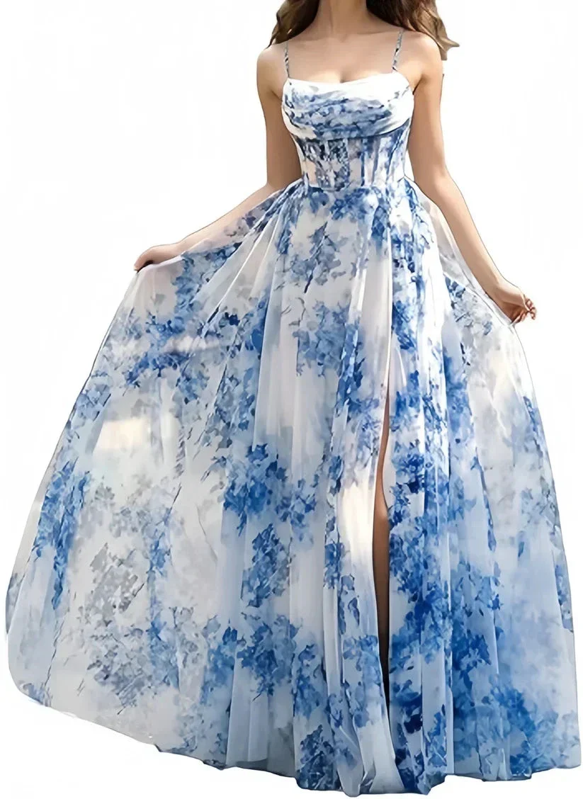 Glam Blue Chiffon Print Floral Slit Prom Dress Spaghetti Straps Evening Gown Y8277 - Image 4