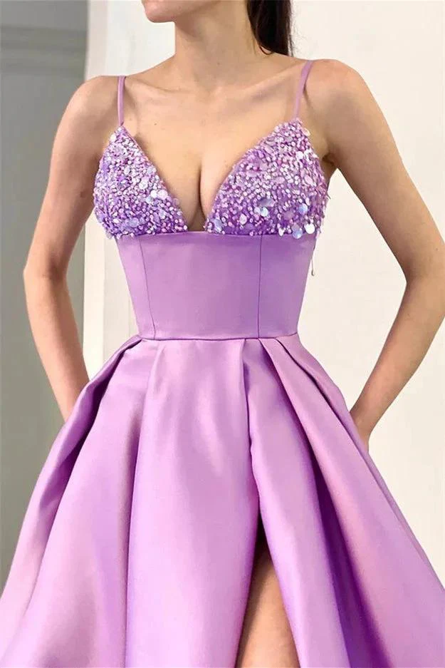 Glamorous A-line Spaghetti Straps Split Front Sequined Prom Dress - Image 2