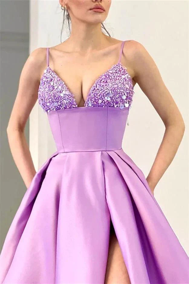 Glamorous A-line Spaghetti Straps Split Front Sequined Prom Dress - Image 3