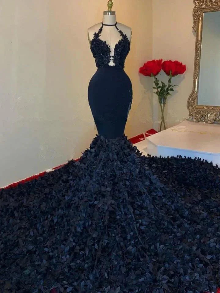 Glamorous Black V-neck Halter Appliques Sleeveless Floor-length Mermaid Prom Dresses - Image 2