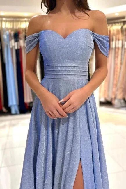 Glamorous Blue Long Glitter Off-the-shoulder Sleeveless Evening Dresses With Slit - Image 2
