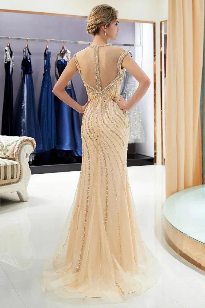 Glamorous Cap Sleeves Mermaid Golden Beading Evening Gown - Image 2