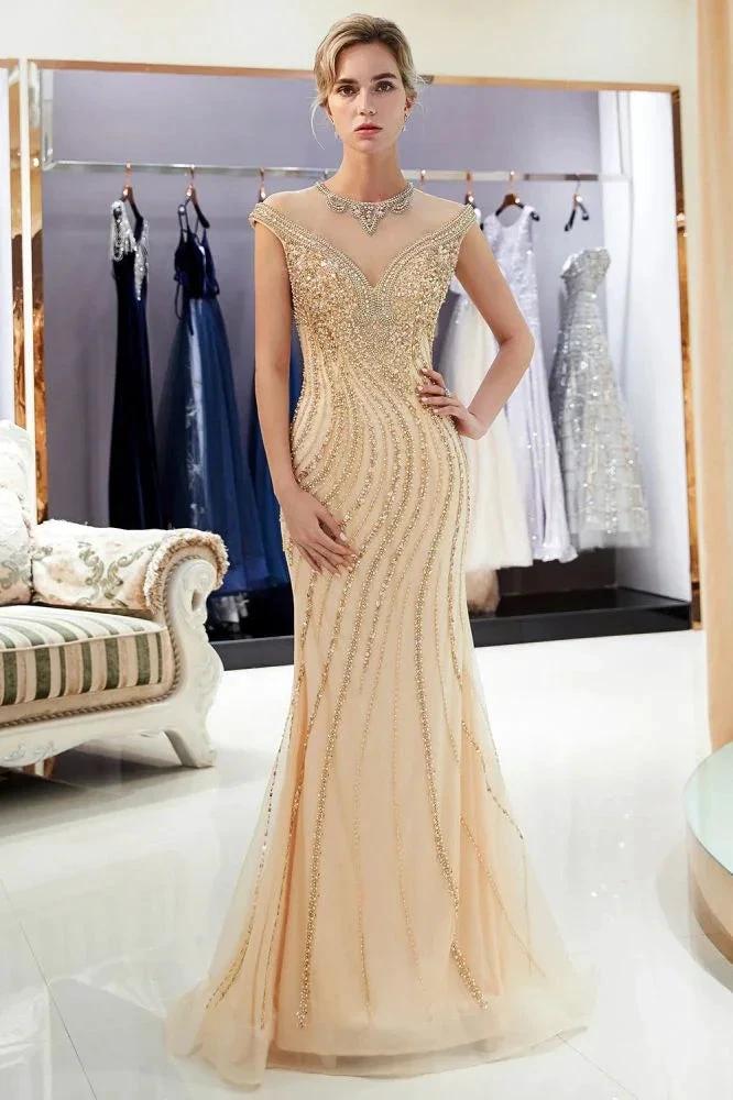 Glamorous Cap Sleeves Mermaid Golden Beading Evening Gown - Image 4