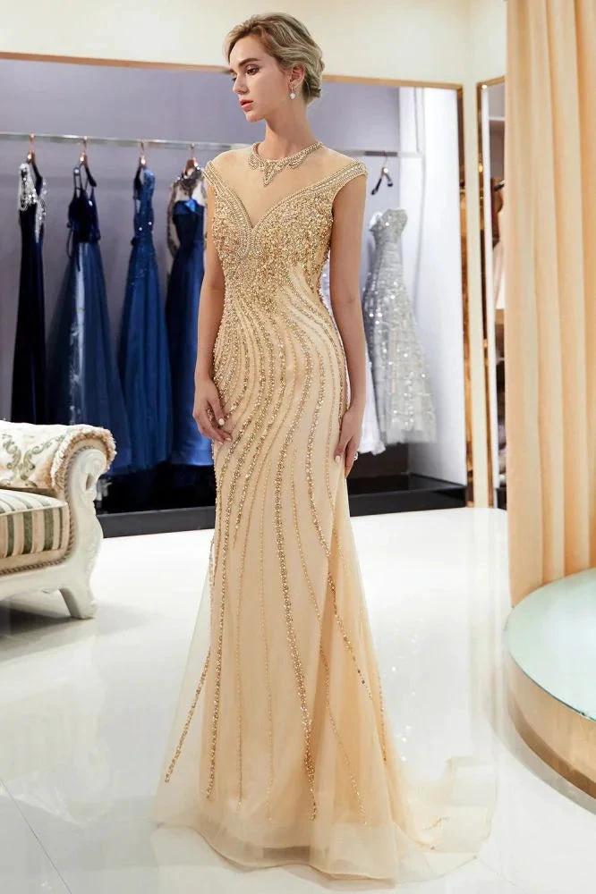Glamorous Cap Sleeves Mermaid Golden Beading Evening Gown - Image 5