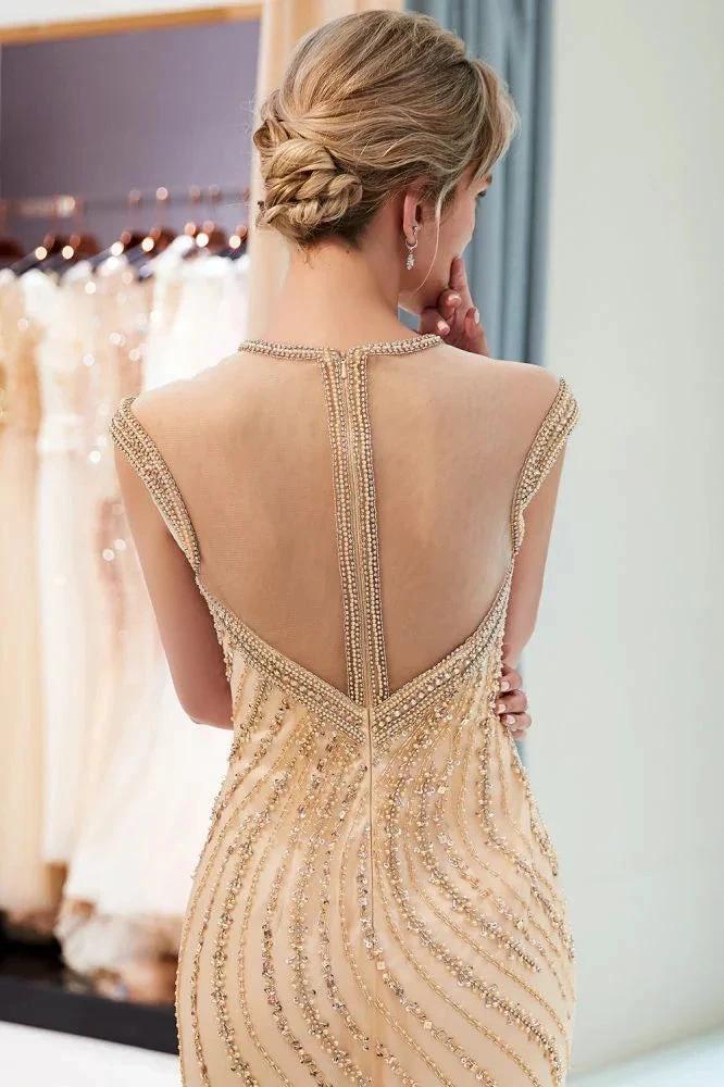 Glamorous Cap Sleeves Mermaid Golden Beading Evening Gown - Image 6