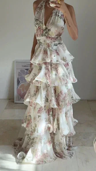 Glamorous Chiffon Print Floral A Line Backless Prom Dress V Neck Halter Layered Evening Dress Y8501 - Image 2