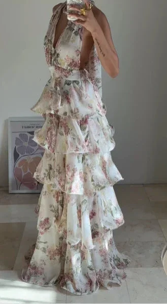 Glamorous Chiffon Print Floral A Line Backless Prom Dress V Neck Halter Layered Evening Dress Y8501 - Image 3