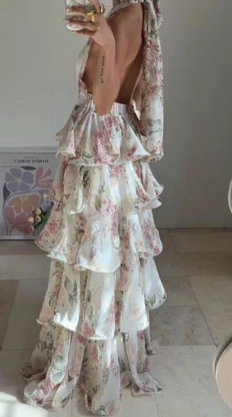 Glamorous Chiffon Print Floral A Line Backless Prom Dress V Neck Halter Layered Evening Dress Y8501 - Image 4