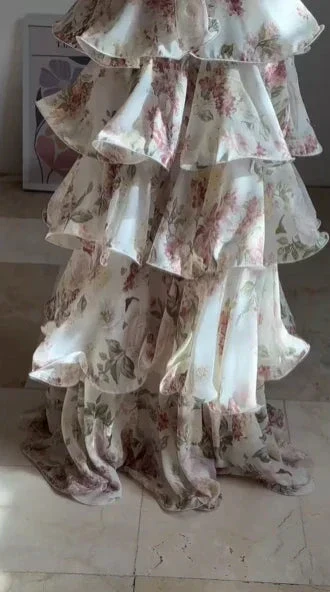 Glamorous Chiffon Print Floral A Line Backless Prom Dress V Neck Halter Layered Evening Dress Y8501 - Image 5