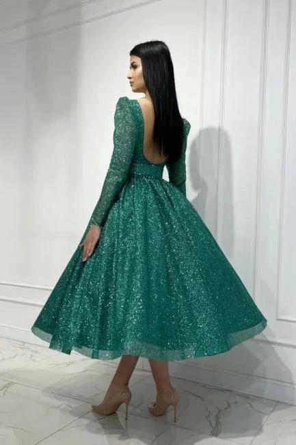 Glamorous Dark Green A-line Sequined Ankle Length Prom Dress with Long Sleeves - Image 2
