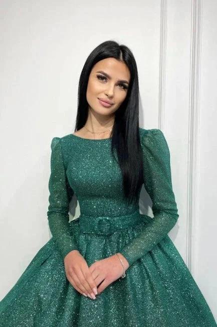 Glamorous Dark Green A-line Sequined Ankle Length Prom Dress with Long Sleeves - Image 3