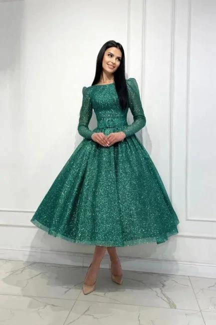 Glamorous Dark Green A-line Sequined Ankle Length Prom Dress with Long Sleeves - Image 5