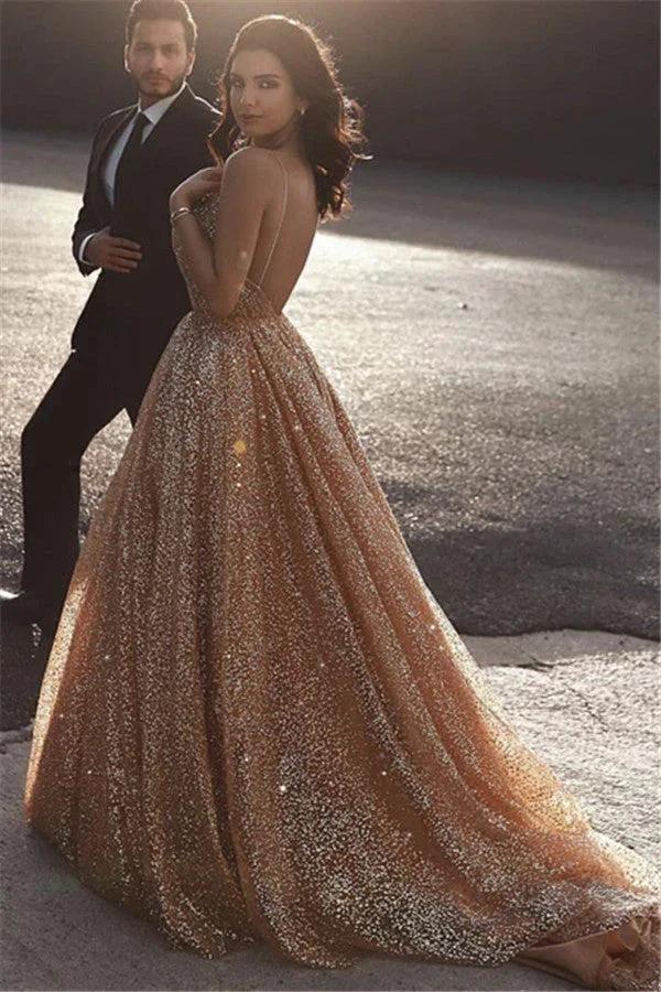Glamorous Gold A Line Sequins Tulle Long Prom Dress with Ruffles - Image 2