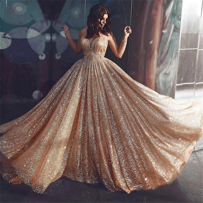 Glamorous Gold A Line Sequins Tulle Long Prom Dress with Ruffles - Image 3
