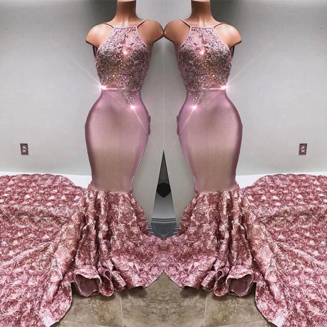 Glamorous Halter Mermaid Pink Prom Dress Lace With 3D-Floral Flowers Bottom - Image 2