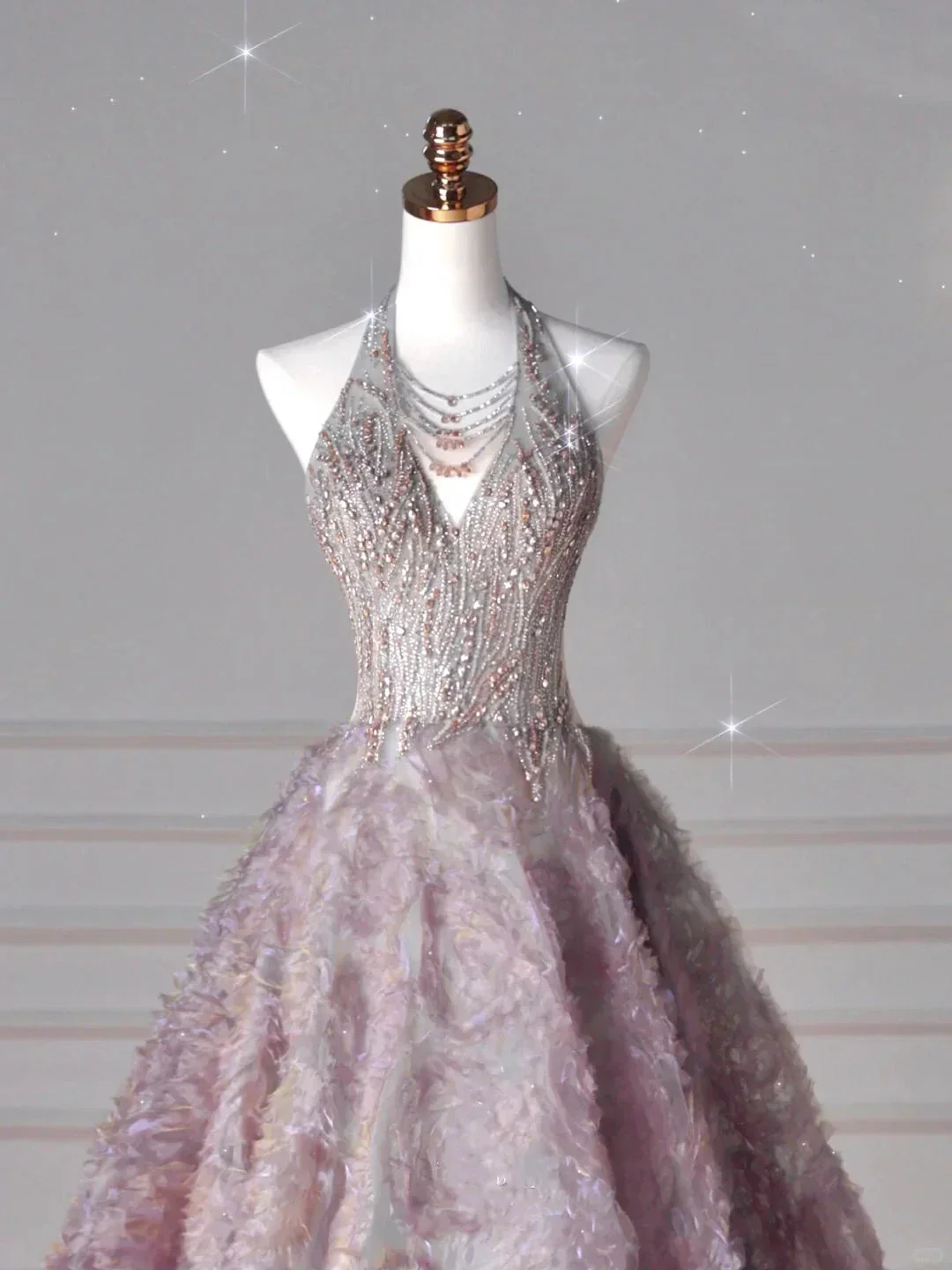 Glamorous Halter Purple Tulle Flowers Beaded Prom Dress,A Line Evening Dress Wedding Dress Y8625 - Image 2