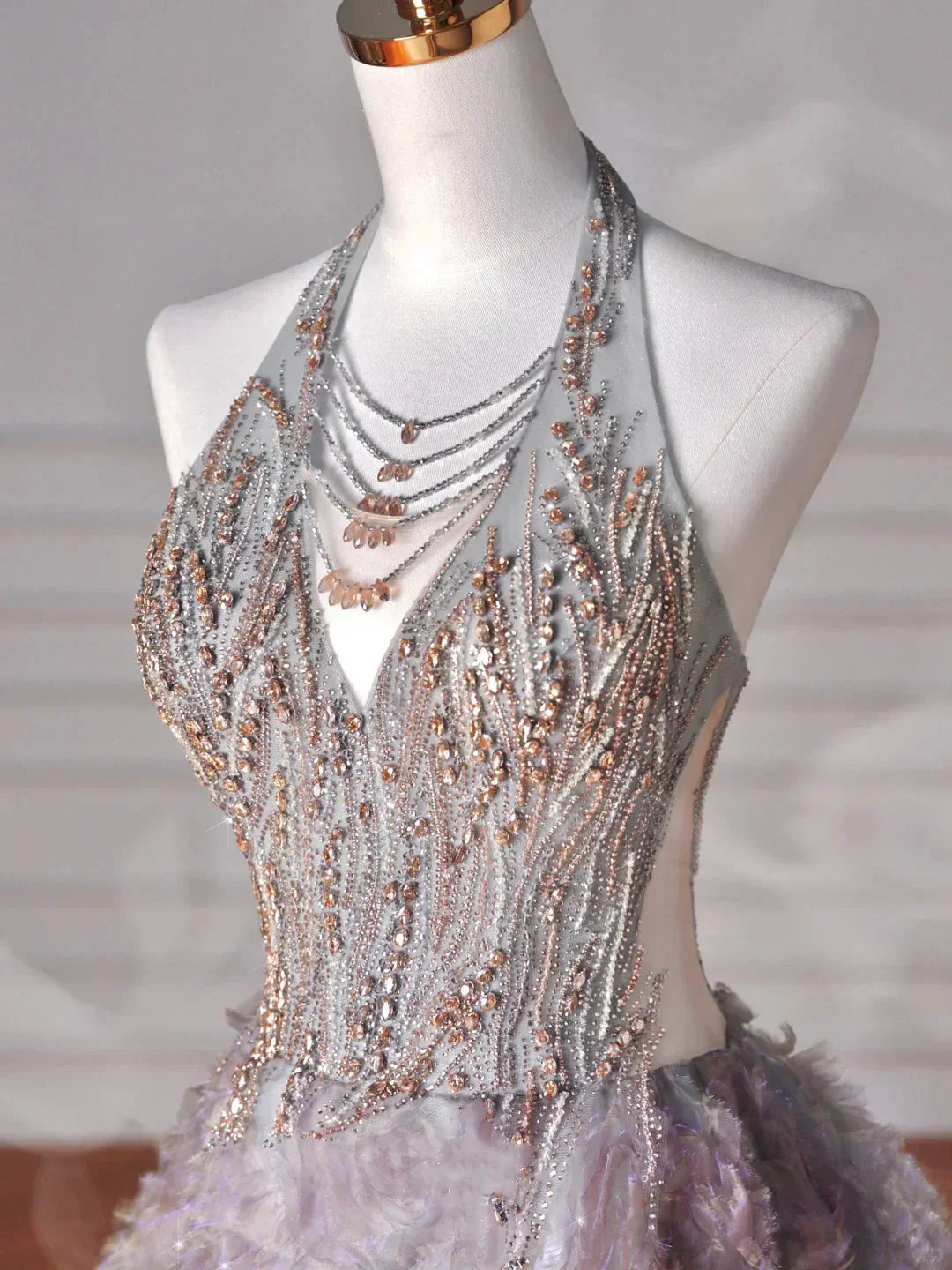 Glamorous Halter Purple Tulle Flowers Beaded Prom Dress,A Line Evening Dress Wedding Dress Y8625 - Image 3