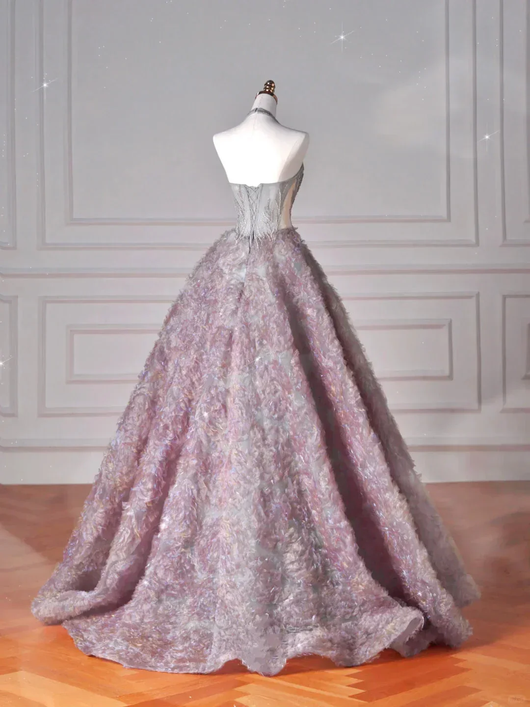 Glamorous Halter Purple Tulle Flowers Beaded Prom Dress,A Line Evening Dress Wedding Dress Y8625 - Image 4