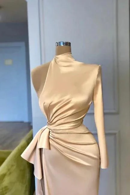 Glamorous high neck long sleeves column satin Evening dresses split front - Image 2